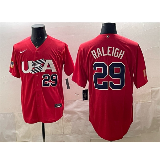 Men's USA Baseball #29 Cal Raleigh 2023 Red World Baseball Classic Stitched Jersey