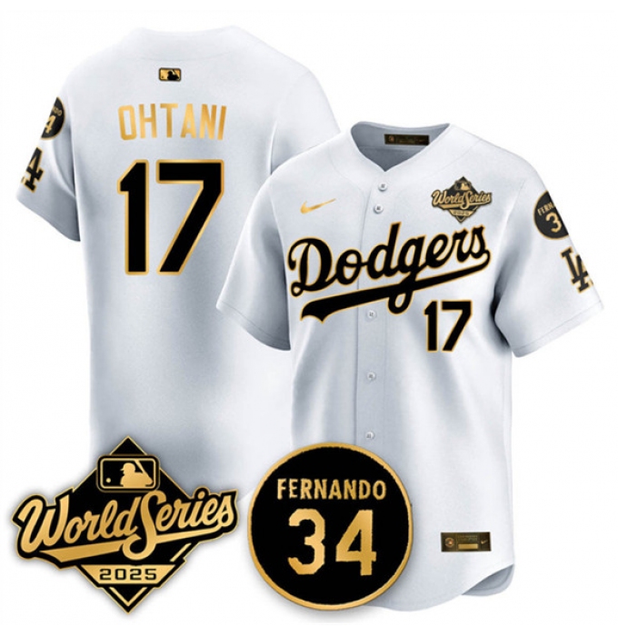 Men's Los Angeles Dodgers #17 Shohei Ohtani White Gold 2025 World Series With No.34 Limited Stitched Baseball Jersey