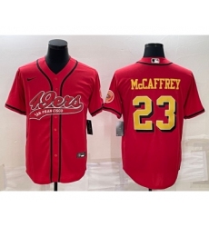 Men's San Francisco 49ers #23 Christian McCaffrey Red Gold With Patch Cool Base Stitched Baseball Jersey