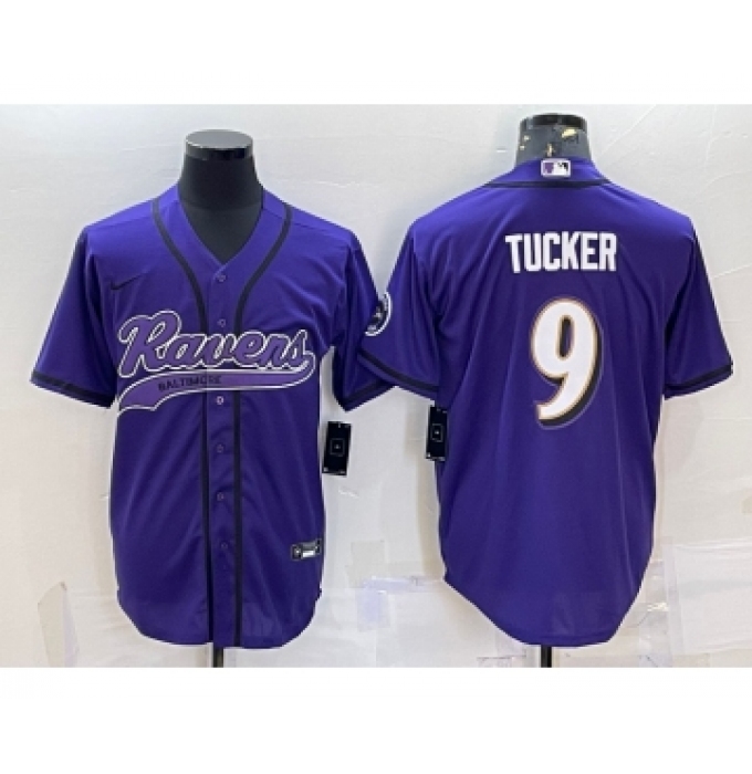 Men's Baltimore Ravens #9 Justin Tucker Purple With Patch Cool Base Stitched Baseball Jersey