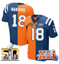 Men's Nike Indianapolis Colts #18 Peyton Manning Elite Royal Blue/Orange Split Fashion Super Bowl XLI & Super Bowl L NFL Jersey