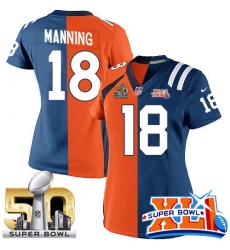 Women's Nike Indianapolis Colts #18 Peyton Manning Elite Royal Blue/Orange Split Fashion Super Bowl XLI & Super Bowl L NFL Jersey